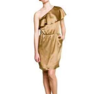 Halston Heritage Desert silk one shoulder ruffle gold copper dress Christmas NYE